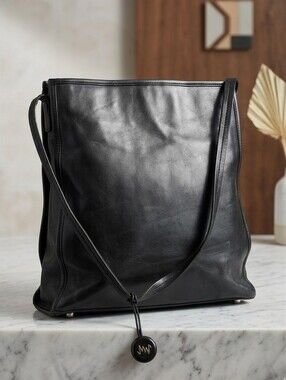 Vintage Monsac Original Black Leather Shoulder Bag 90s Minimalist Tote Purse Vtg